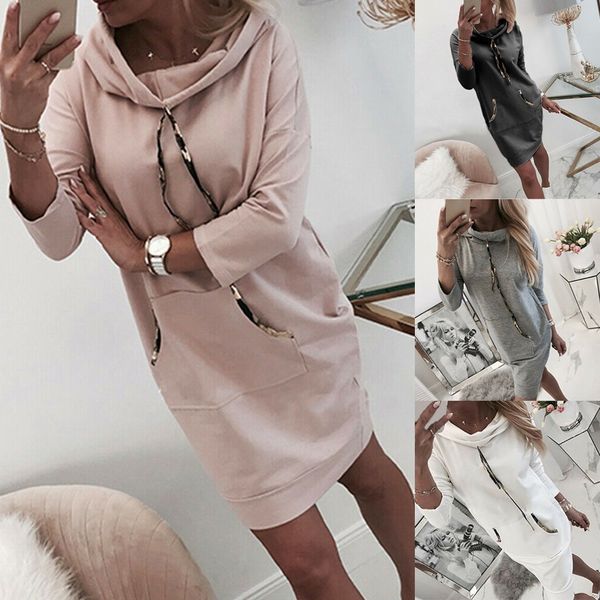 

fashion lapel solid color long sleeve pocket drawstring hooded pullover dress women long sleeve solid color jumper pullover, Black;gray