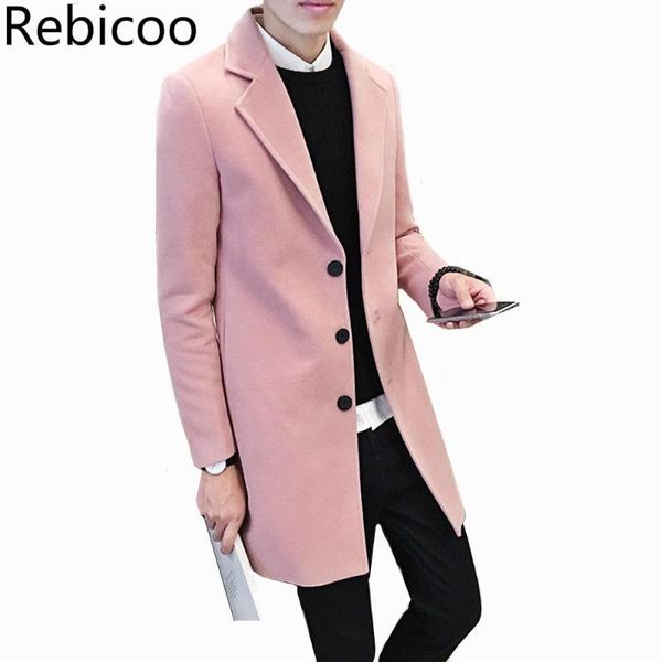 

fashion britsh style trench coat men slim wool coats turn collar single button jackets mens overcoat khaki dark grey 5xl4xl, Black