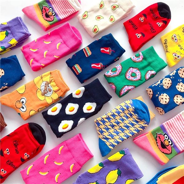 

funny socks cute cartoon fruits banana lemon pineapple avocado happy japanese harajuku skateboard socks, Black;white