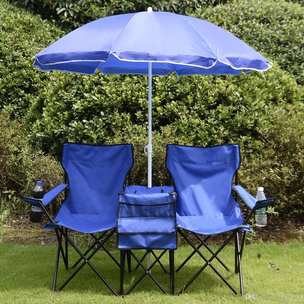 

portable folding picnic double chair w/umbrella table cooler beach camping chair