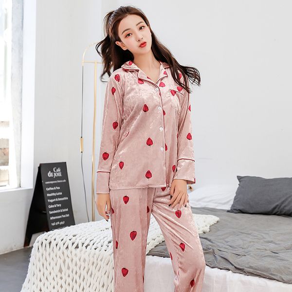 

womens strawberry lapel neck velvet home wear suit autumn winter long sleeve outerwear long pants pajamas, White