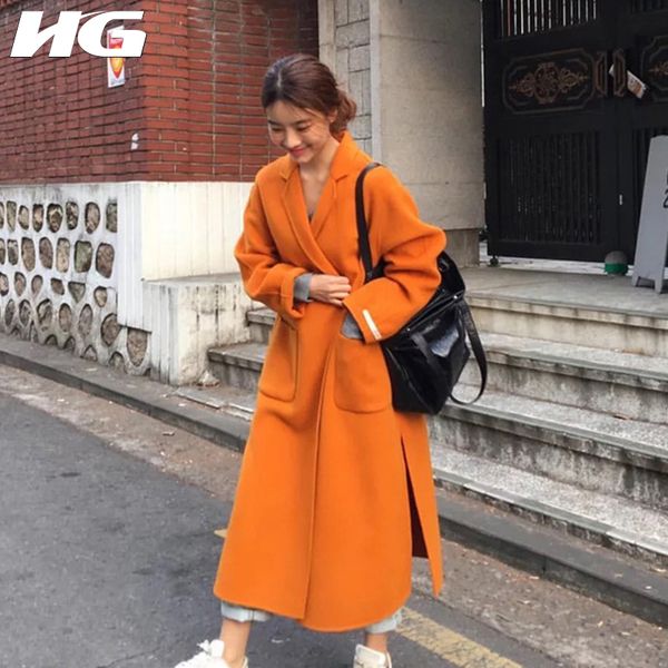 

hg woolen trench coats women turn down collar with belts orange fashion slim elegant 2019 new autumn coats ladies zyq1349, Black