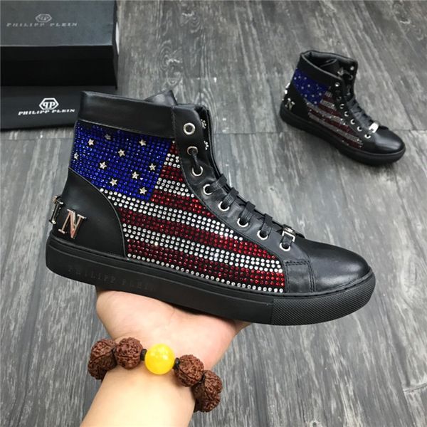

men's shoes new luxury design new men's rhinestone sheepskin casual high-sneakers flat size shoes size 35-46 01, Black