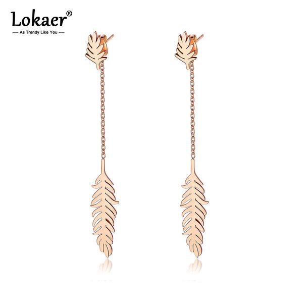 

lokaer fashion stainless steel tassel feather earrings jewelry for women creative rose gold leaf long dangle earrings oge555, Golden