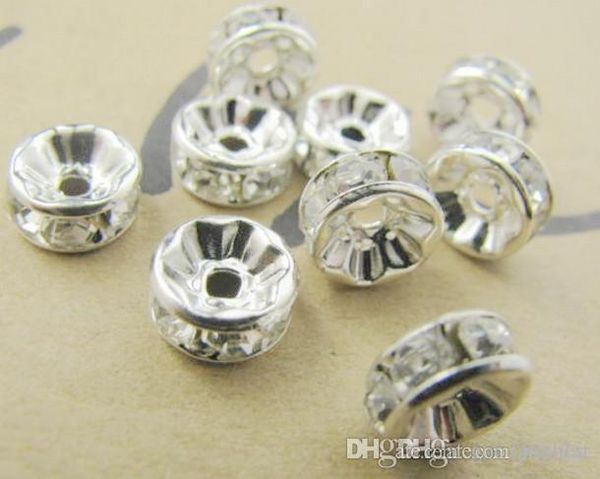 

8mm white crystal spacer metal silver plated rondelle rhinestone loose beads for diy jewelry making fit bracelet 2252 e23