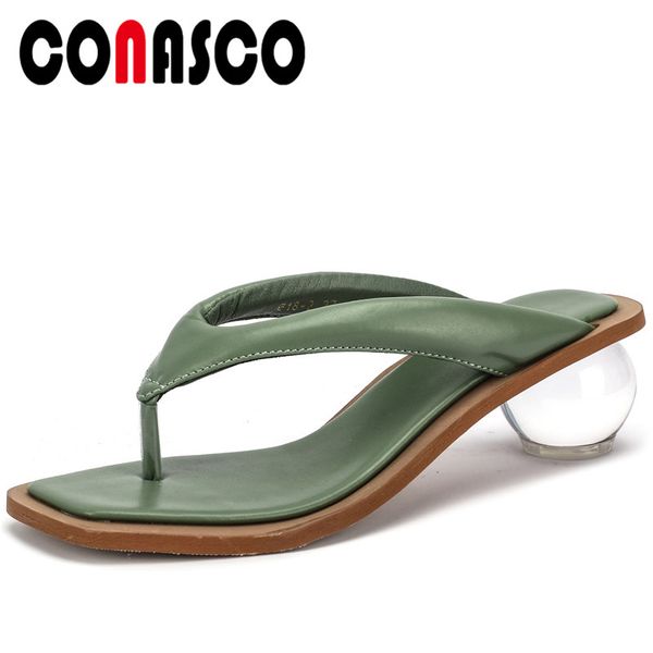 

conasco fashion new genuine leather women sandals concise flip flops women pumps summer 2020 casual high heels shoes woman, Black