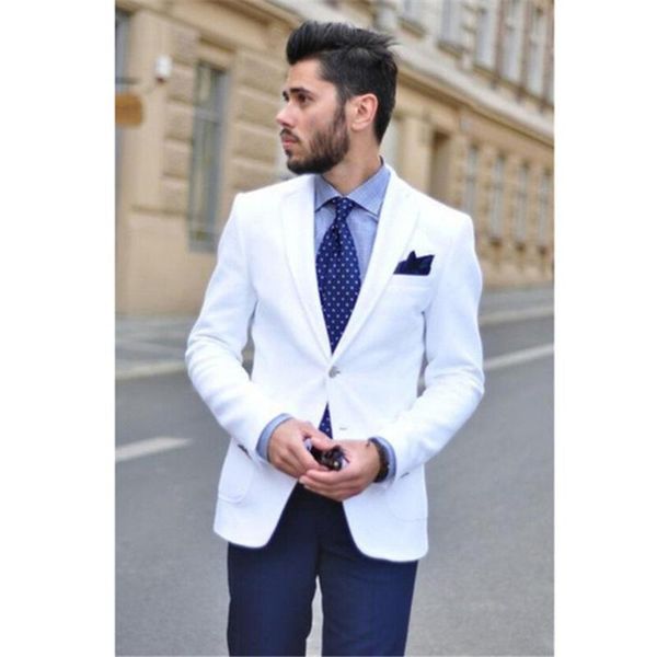 

men suit slim fit easculino evening suits for men white jacket with navy blue pants grooms tuxedos suit costume homme, White;black