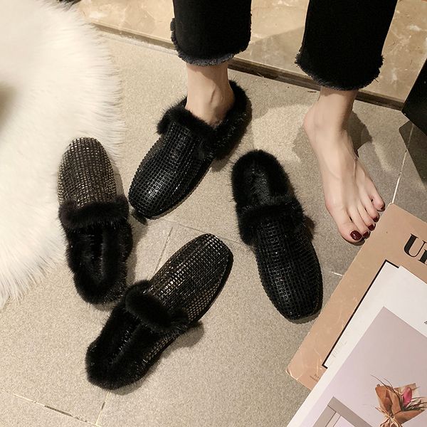 

slippers fur mules womens shoes cover toe slides med fashion plush flat luxury with fur basic rubber pu buckle strap short, Black