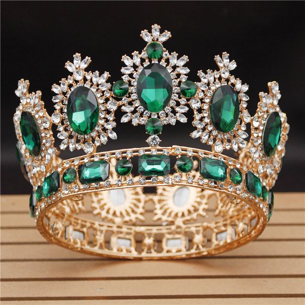 

2019 fashion green crystal wedding crown gold bridal crown tiaras pageant hair jewelry bride diadem queen circle accessories, Golden;white