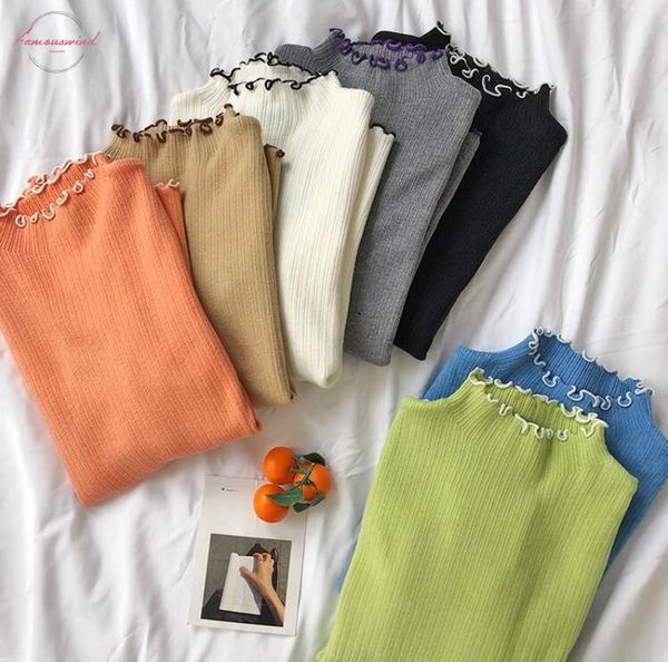 

женщины футболка осень женщина вязаная с длинным рукавом водолазка тонкого ruffles футболка drop доставка хорошего качество, White