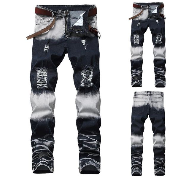 

men's jeans mens autumn winter joggers fashion stretchy ripped skinny biker destroyed taped slim fit denim pants, Blue