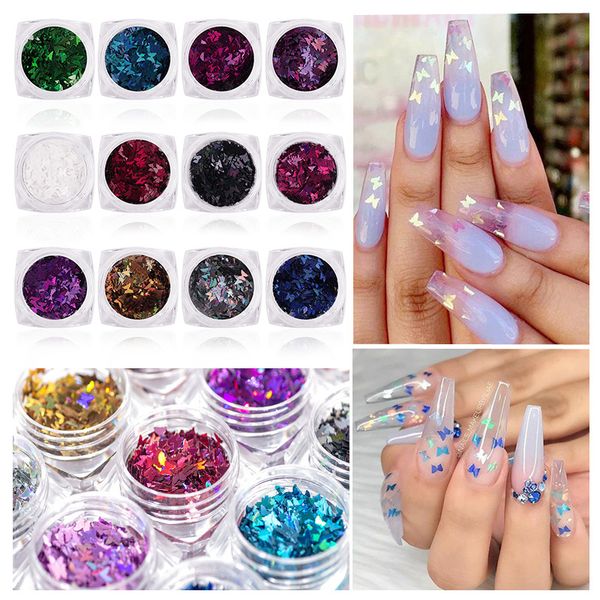 

12 colors shiny butterfly nail art decor acrylic paillette holographic nail sparkle sequins manicure tips decal decoreation, Silver;gold