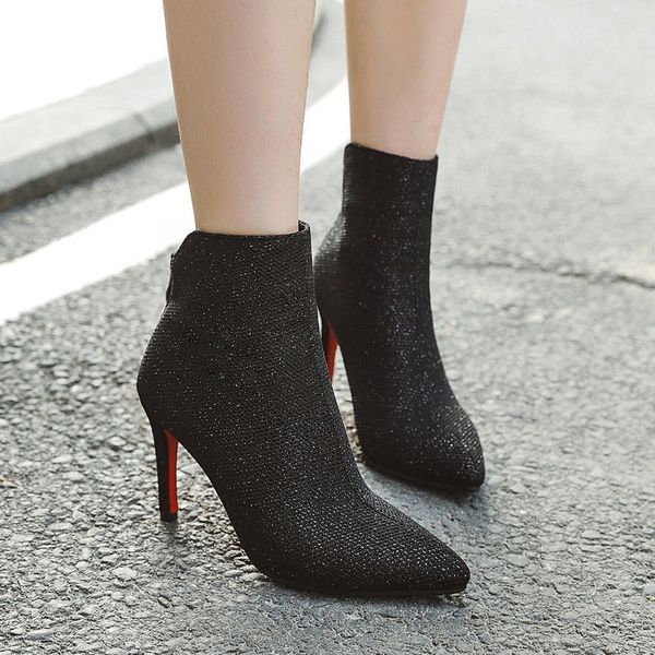

women boots fashion high heel ankle boots pointed toe zipper women autumn winter female shoes 2019 new, Black