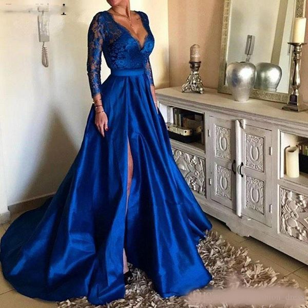 

royal blue plunging v neck prom dresses long sleeves satin side slit plus size formal occasion wear party gowns, Black