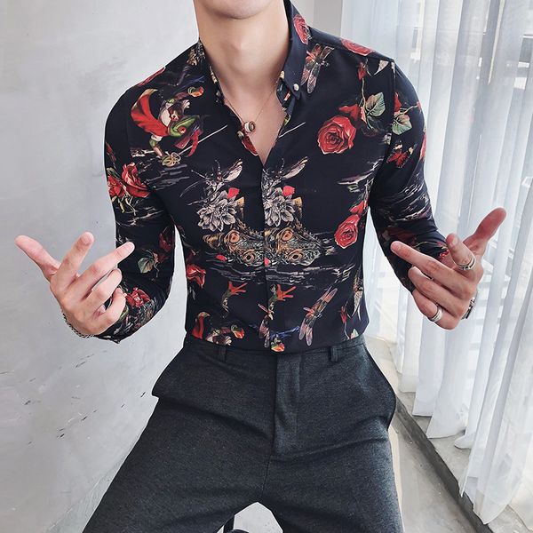 

red rose printing hawaiian shirt men casual slim fit long sleeve mens dress shirts camisa masculina streetwear social clothing, White;black