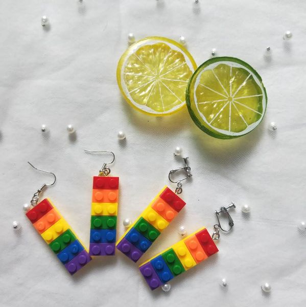 

south korea ins harajuku wind douyin celebrity style earrings fun rainbow building blocks clip-on necklace ornament accessories, Silver