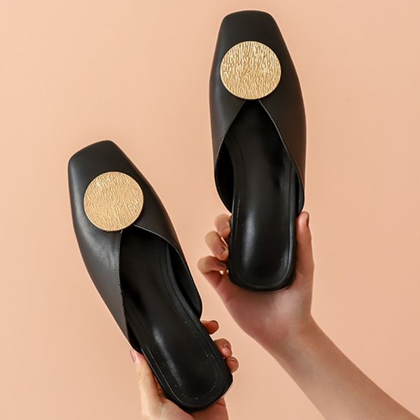 

genuine leather square toe mules shoes women fashion low heel flip flop female slippers 2020 spring new shoes black beige green