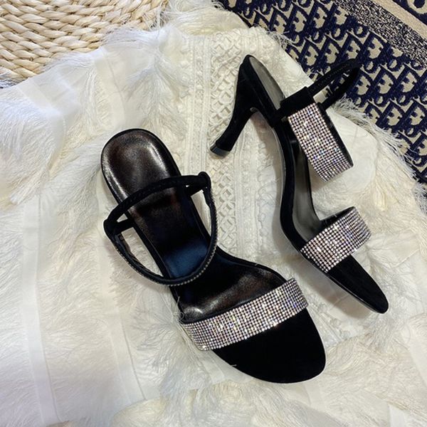 

2020 женская обувь горячие побрякушки кристалл украшенные обуви peep toe slingback stiletto sexy lady скольжению на сандалии женщин на каблу, Black