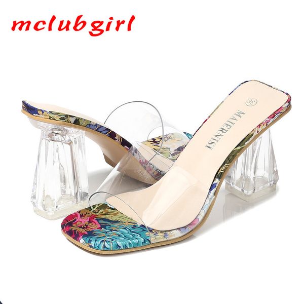 

mclubgirl женщины кристалл квадратные каблуки сандалии популярные стиль прозрачный кристалл большие каблуки размер wear охладить 2020 слиппе, Black