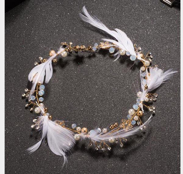 

korean feather headdress hair belt sweet smart elf hair jewelry marriage jewelry wedding dress accessories, Slivery;golden