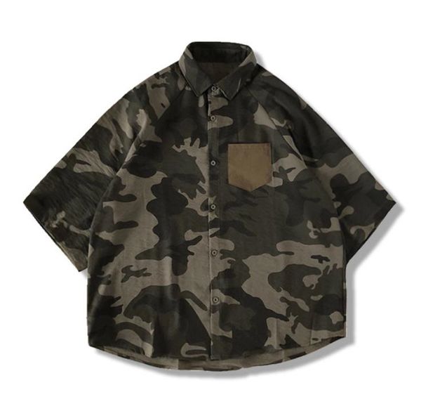 

camouflage mens designer shirt vintage contrast color short sleeve turn down collar mens shirts casual teenager shirt, White;black