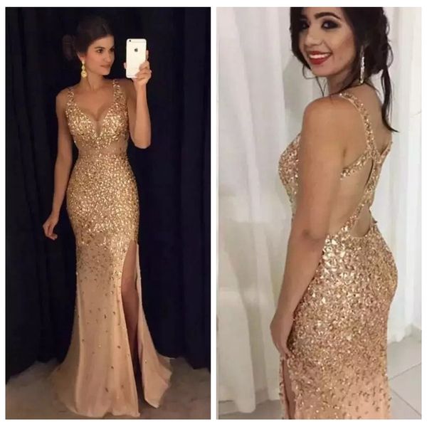 

bling bling mermaid slim crystal beaded prom dresses split 2019 criss cross back sweep train long special occasion party gowns club wear, Black