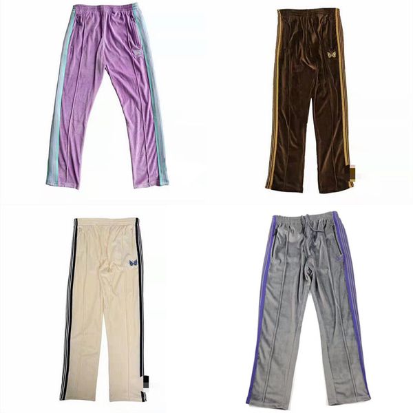 

awge needles pants men butterfly embroidery awge trousers ribbon striped joggers velvet needles sweatpants, Black