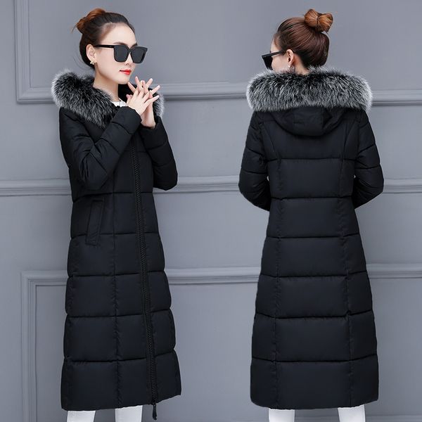 

winter fur collar women jacket warm coat casual hooded down cotton padded jacket coat female thick long parkas women outwear 3xl, Black;brown