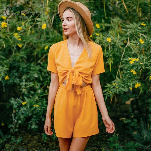

cupshe solid yellow knotted short romper jumpsuits women 2020 v-neck cut out overalls summer beach female streetwears, Black;white