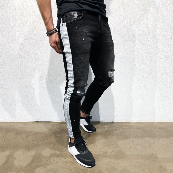 

men's pants mens stretch denim pant distressed ripped freyed slim fit printed jeans trousers sweatpant trouser long casual stylish, Black