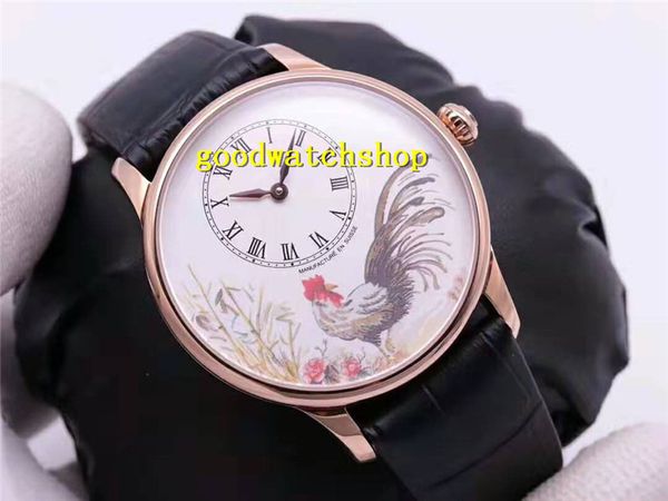 

new watches d'art pattern mens steel painted swiss automatic sapphire enamel ateliers rooster j005013216 wristwatch rose gold 316l dial, Slivery;brown