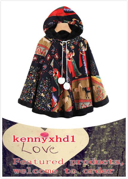 

new large size women's spring and autumn and winter cotton and linen printing plus velvet cloak cape fashion wild trend coat, Black