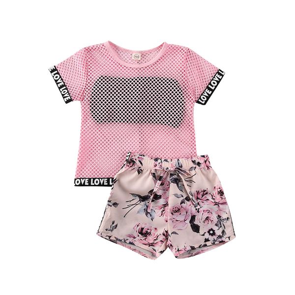 

2020 fashion infant baby girls clothes sets net short sleeve t shirts+black vest+floral print bow shorts 3pcs