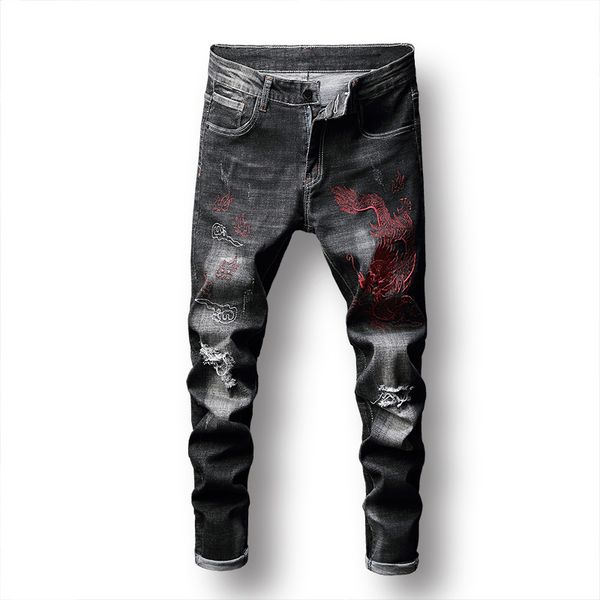

mens designer jeans brand hole slim versatile embroidery long pants fashion, Blue