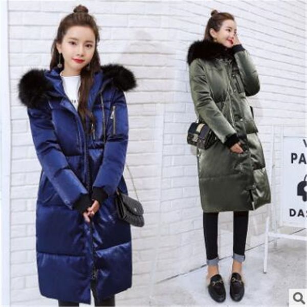 

2019 winter long down jacket women big fur collar hooded white duck down long parkas coat female slim snow outerwear, Black