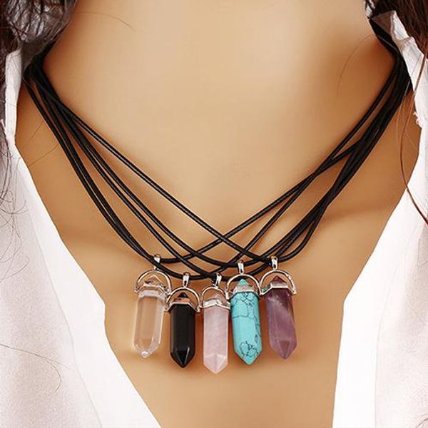 

natural quartz pendant rope necklace hexagonal point statement natural crystal necklace black leather chains women men jewelry, Silver