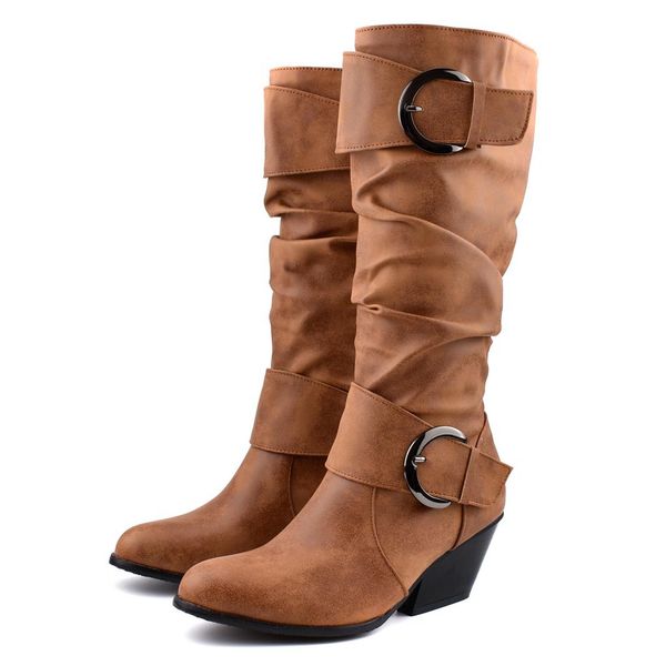 

buckle strap boots women vintage style round toe square heel middle tube fashion casual winter boots women botines mujer 2019, Black