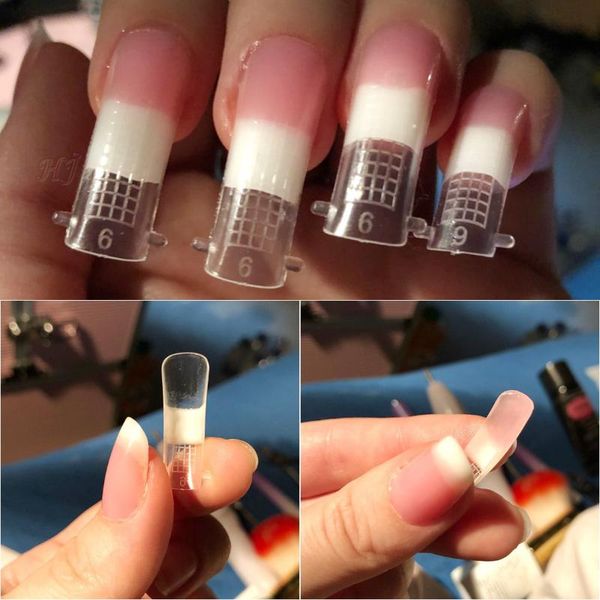 

100pcs transparent poly gel false nail tips model form for full cover uv gel acrylic nail art mold fake nails extension, Red;gold