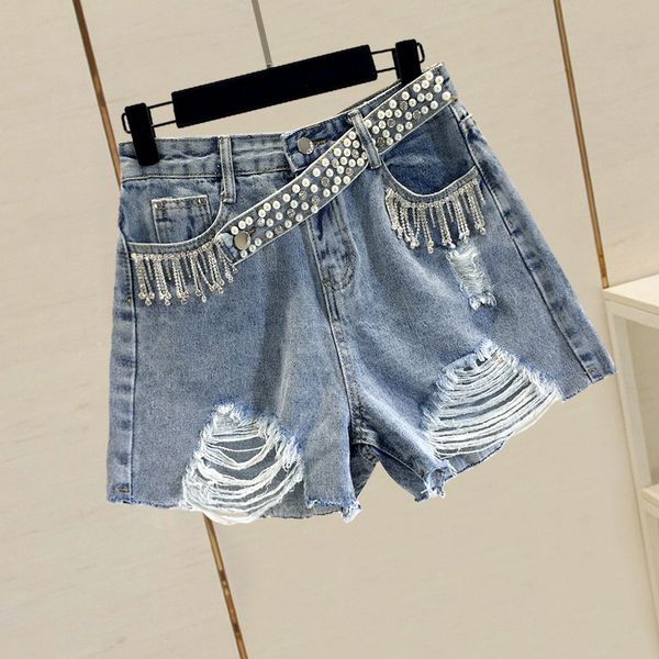 

tassel beading denim shorts for women 2019 new summer diamond hole students denim shorts wide leg female hot, Blue