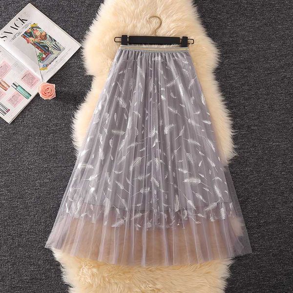 

2020 new spring feather print screen skirt fashion a-shaped empire skirt long pleated office lady summer beach skirts, Black