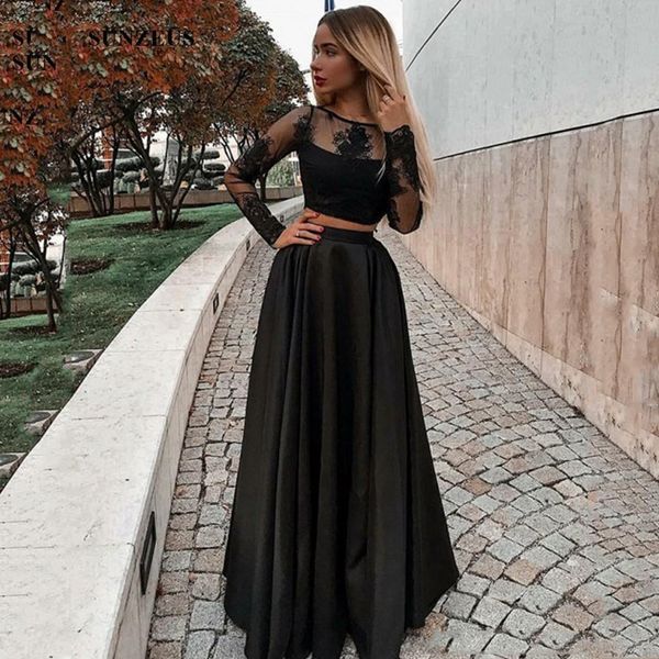 

black 2 pieces long sleeves lace prom dresses with appliques sweep train satin african formal evening party gowns