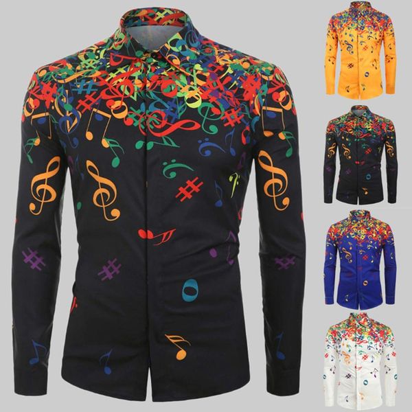 

fashion men autumn musical symbols print long sleeve buttons down shirt casual men slim-fit lapel men's shirt long sleeve top, White;black