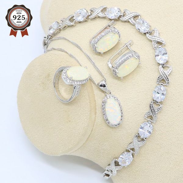 

white opal 925 silver jewelry set for women zircon bracelet hoop earring necklace pendant ring gift box, Slivery;golden