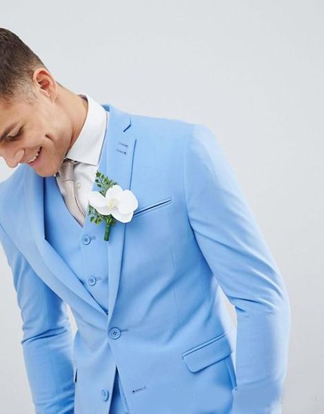 Светло-голубые мужские костюмы из трех предметов Slim Fit Жених Свадебные смокинги для мужчин Пиджаки с зубчатыми лацканами Выпускной костюм Куртка Брюки Ve246Q