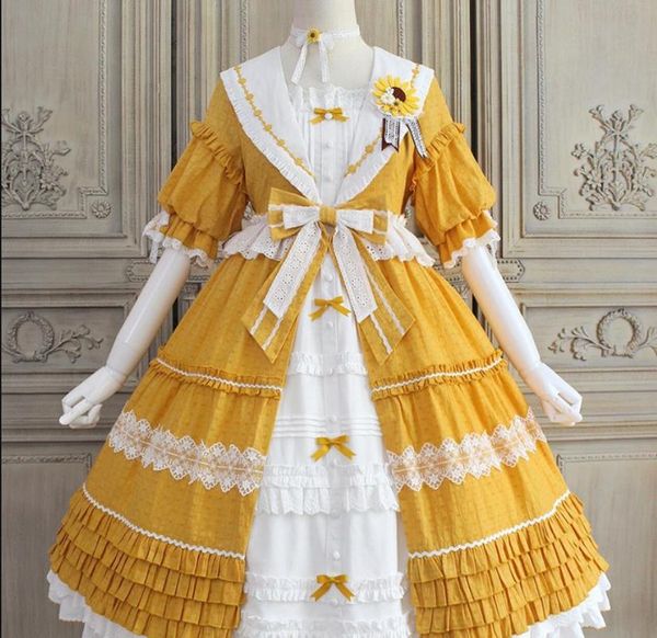 

origional new lolita sunflower bow lace wooden ear dress blooming sunflowers pre-order, White;black