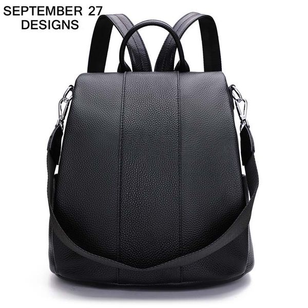 

real cowhide leather women anti-theft backpack black fashion girls shoulder bags female travel casual bag lady rucksack popular