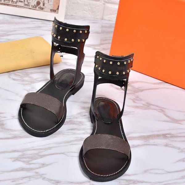 

women print leather designer leather outsole perfect flat heel plain sandal size 35-46, Black