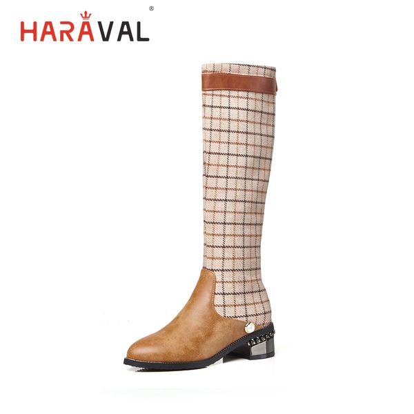 

haraval classic woman winter long boots handmade leather retro pointed toe low heel shoes fashion lattice casual warm boots b286, Black