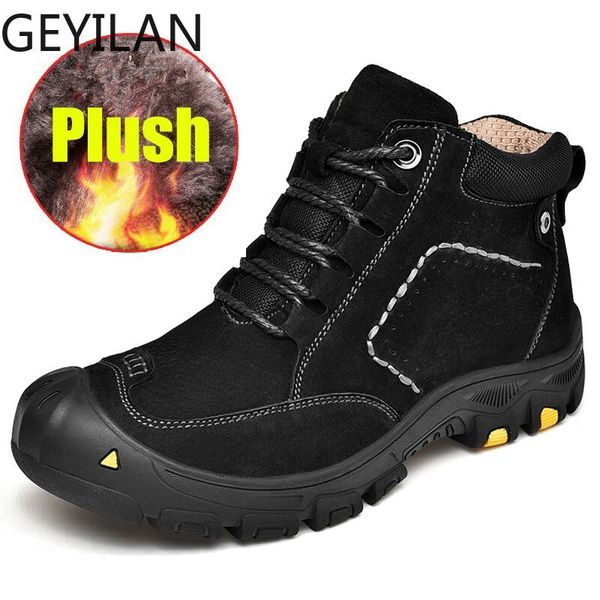 

boots genuine leather men boot fashion man winter snow keep warm plush ankle work shoes men's, Black
