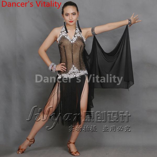 

2017custom made latin tassel long section women diamonds silk tango dress samba costume ballroom latin dress dance, Black;red